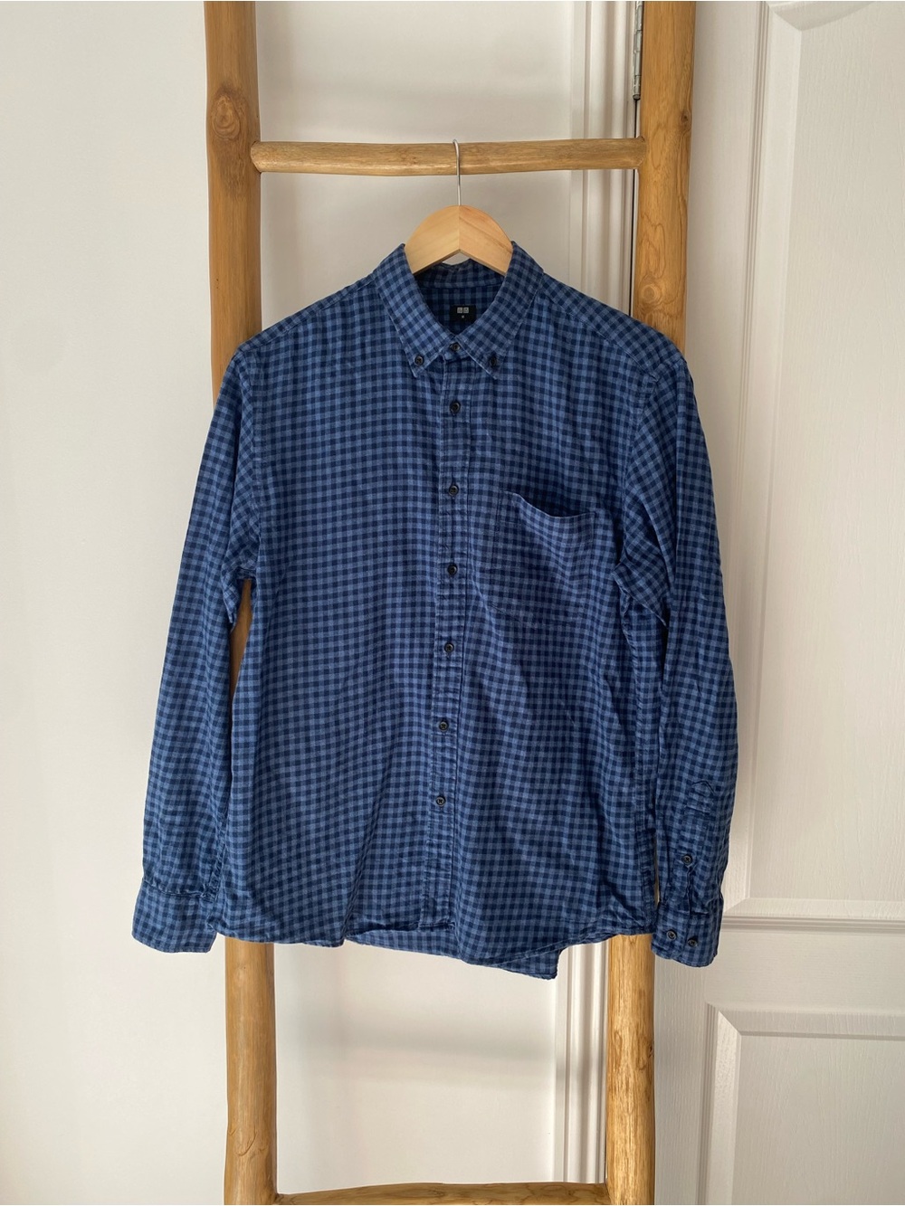 Uniqlo Navy Blue Gingham Long Sleeve Button Down Shirt Chest Pocket Cotton Sz M